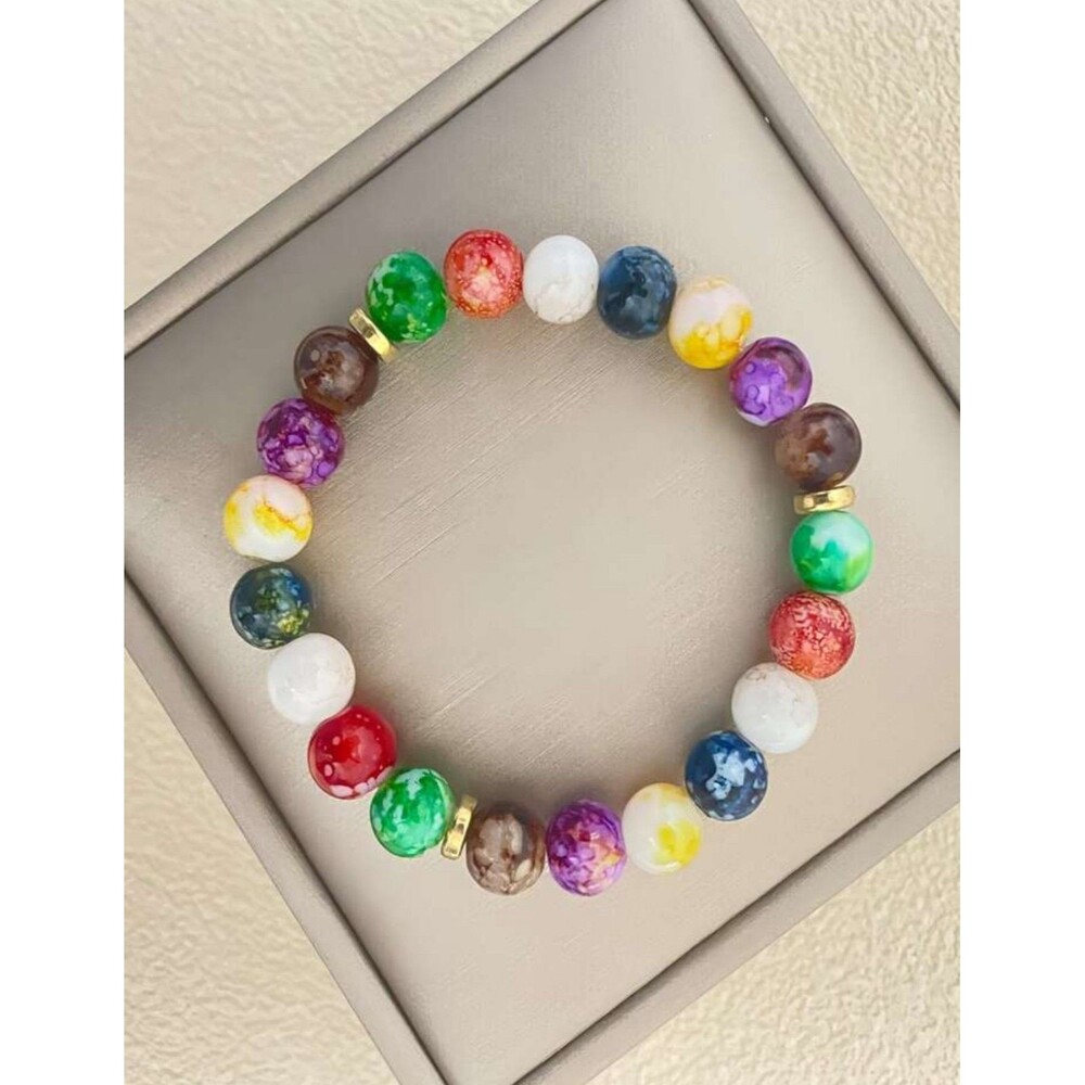 Multicolor Marbled Beaded Stretch Bracelet | Gold Accent | Boho Statement Jewelr